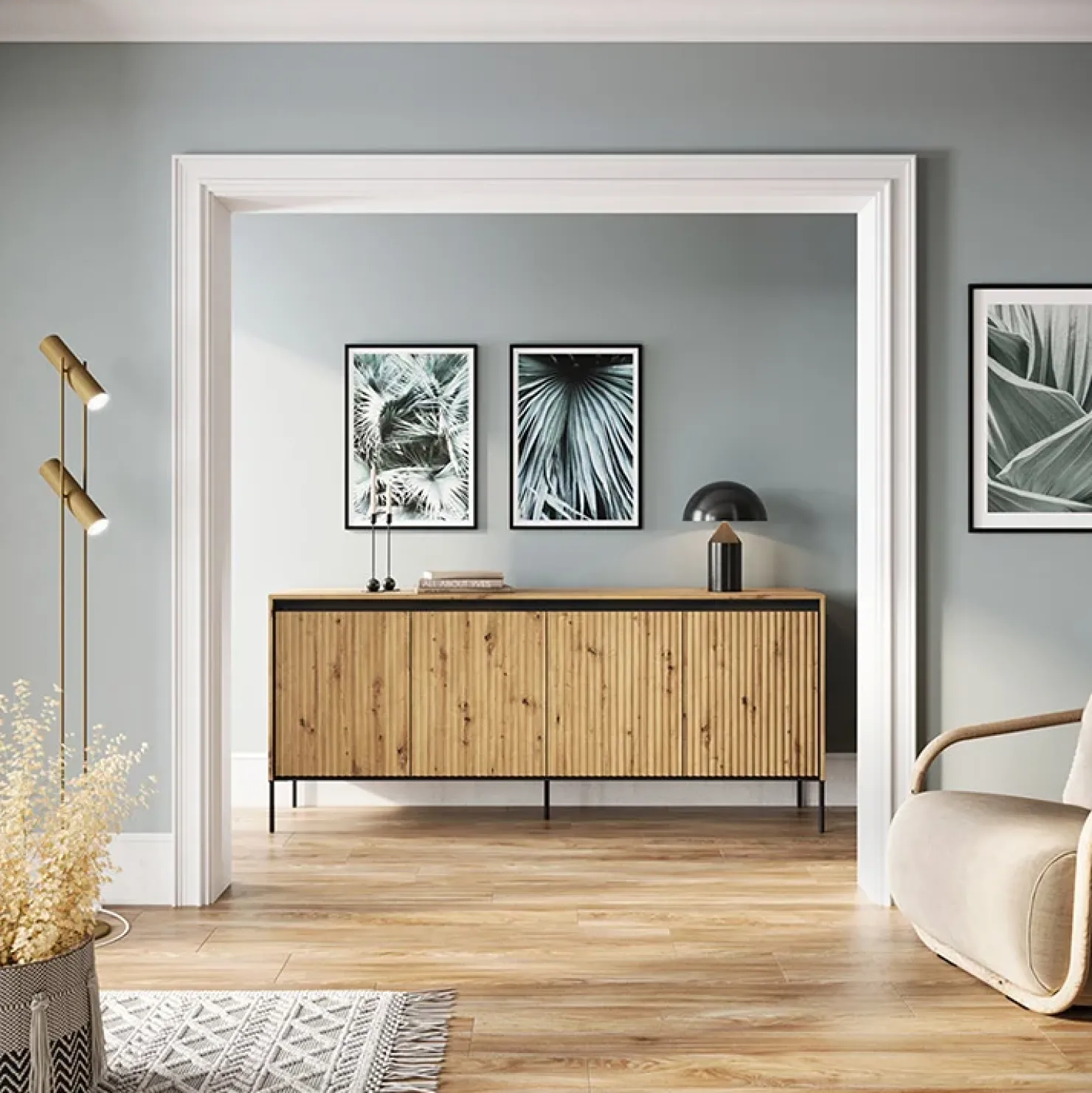 Garnero Arredamenti Madia 193x83h cm 4 ante con led cannettato nero Camelia Rovere Rustico Clearance