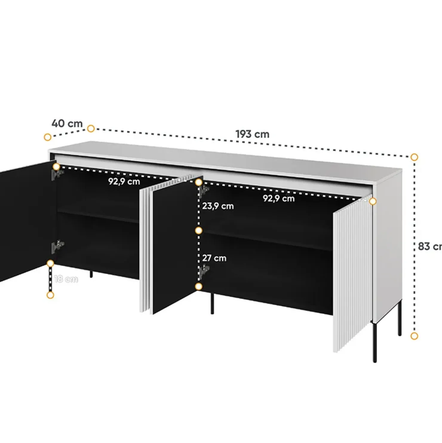 Garnero Arredamenti Madia 193x83h cm 4 ante con led cannettato nero Camelia Bianco Opaco New