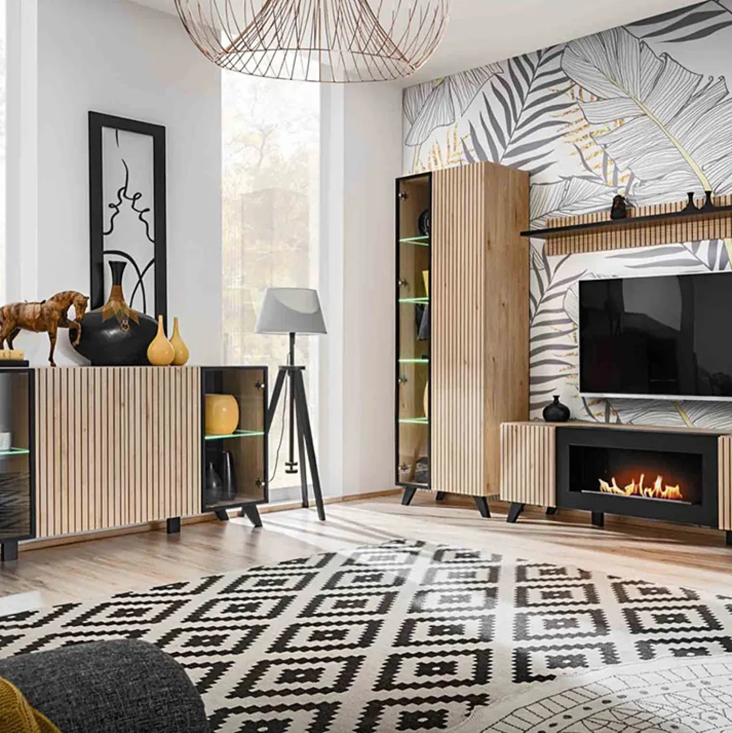 Garnero Arredamenti Madia 160x82h cm 4 ante con stampa nera soggiorno noce Mendes Best