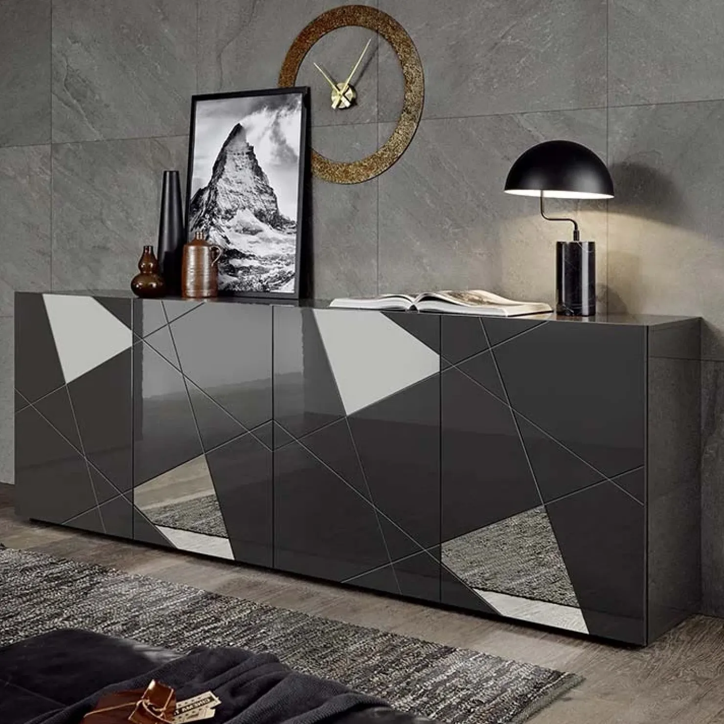 Garnero Arredamenti Madia 241x84h cm 4 ante grigio lucido specchio con serigrafia Olimpo Antracite Online