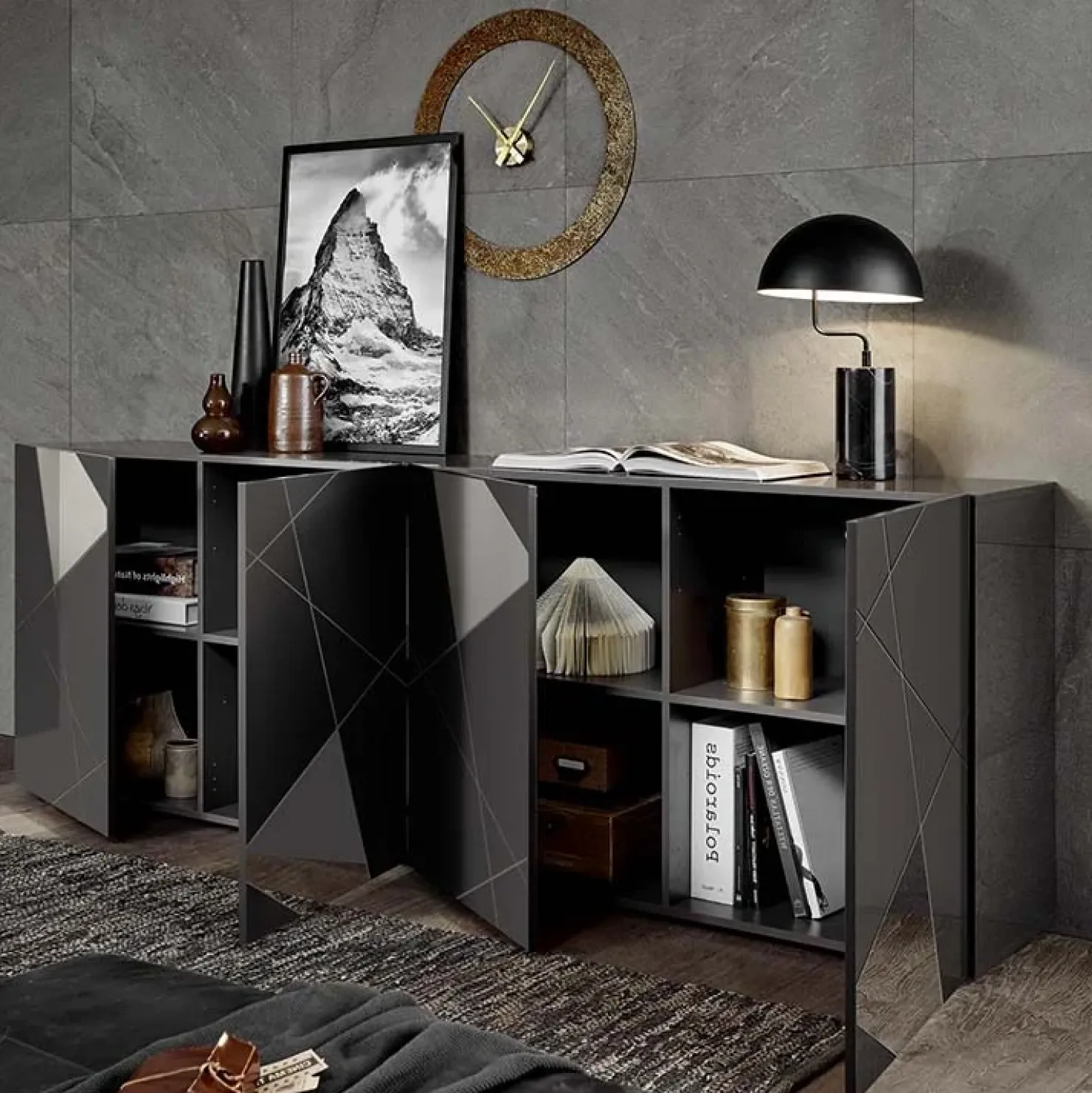 Garnero Arredamenti Madia 241x84h cm 4 ante grigio lucido specchio con serigrafia Olimpo Antracite Online