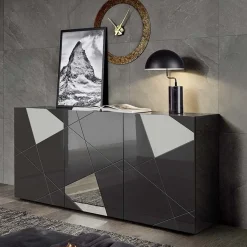 Garnero Arredamenti Madia 181x84h cm 3 ante grigio lucido specchio con serigrafia Olimpo Antracite Best