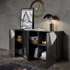 Garnero Arredamenti Madia 181x84h cm 3 ante grigio lucido specchio con serigrafia Olimpo Antracite Best