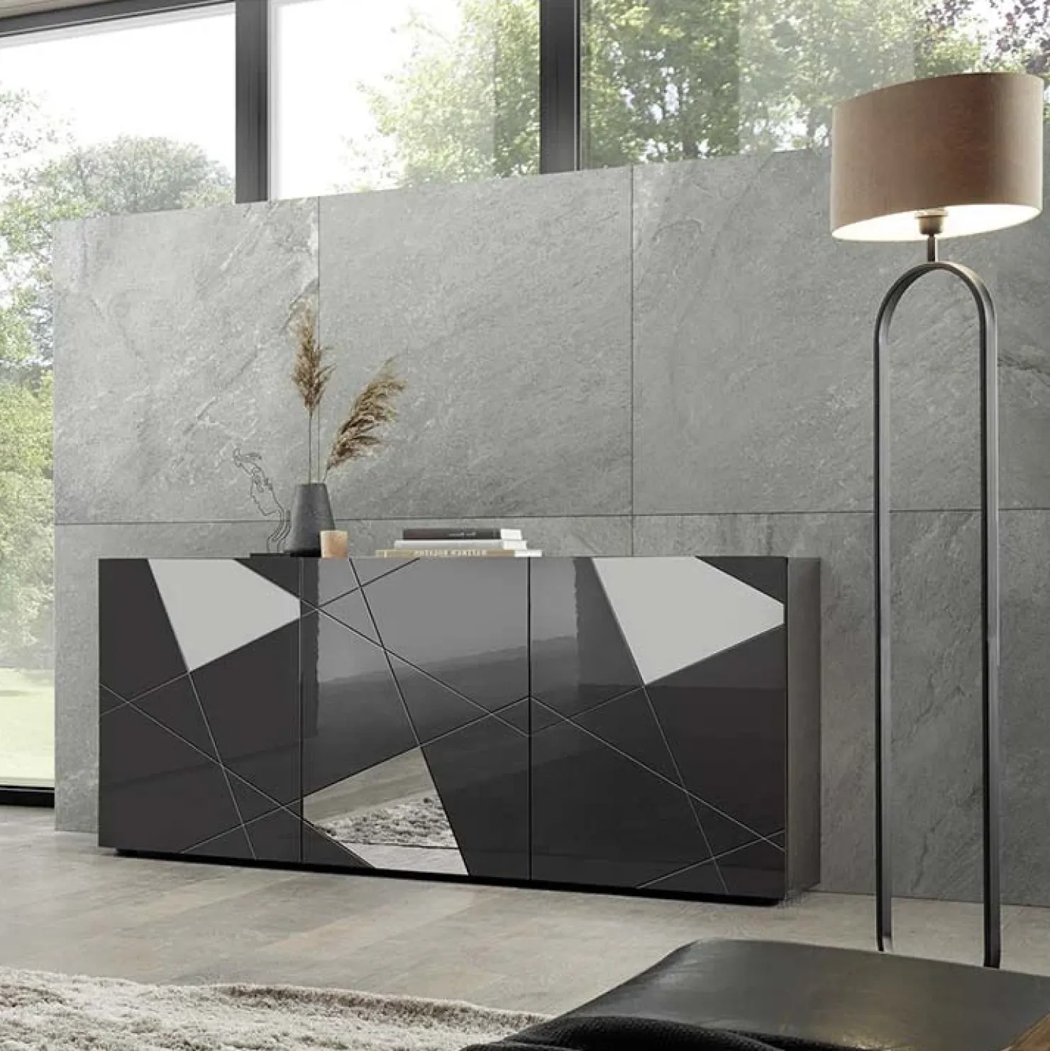 Garnero Arredamenti Madia 181x84h cm 3 ante grigio lucido specchio con serigrafia Olimpo Antracite Best