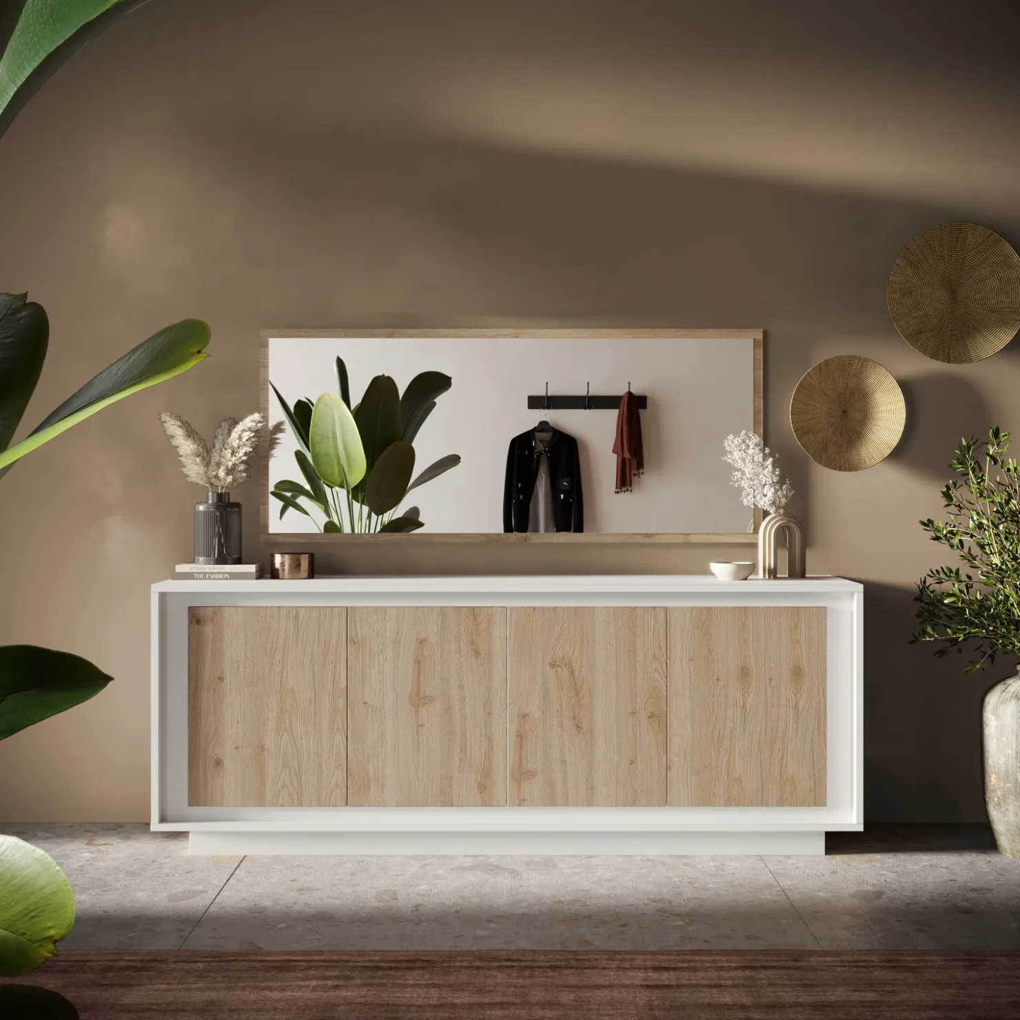 Garnero Arredamenti Madia 207x80h cm 4 ante moderna bianco opaco rovere chiaro Deluxe Rovere - Bianco opaco Sale