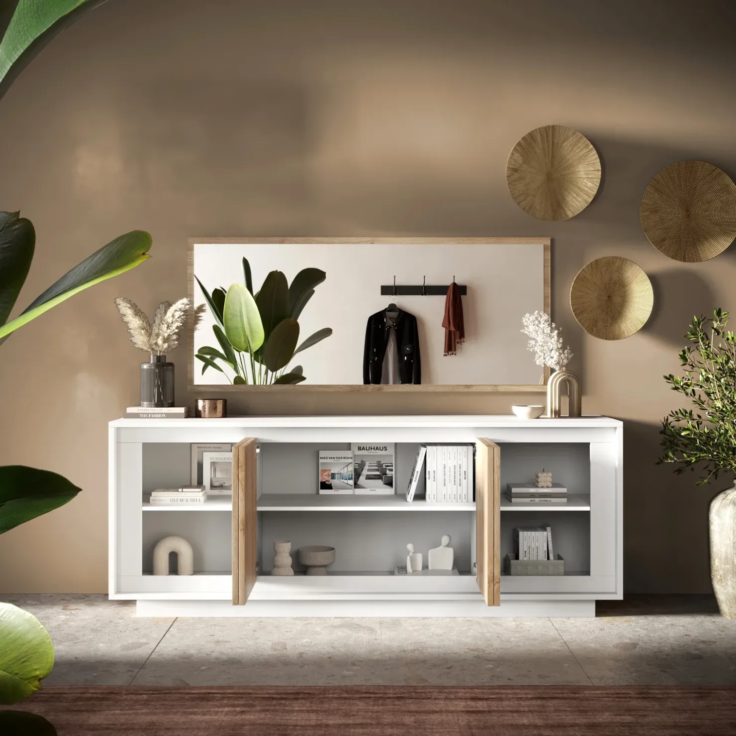 Garnero Arredamenti Madia 207x80h cm 4 ante moderna bianco opaco rovere chiaro Deluxe Rovere - Bianco opaco Sale