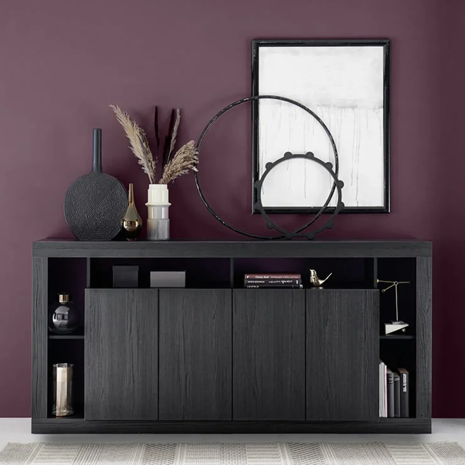 Garnero Arredamenti Madia 210x102h cm 4 ante moderna soggiorno Trilogy Nero Frassinato Best