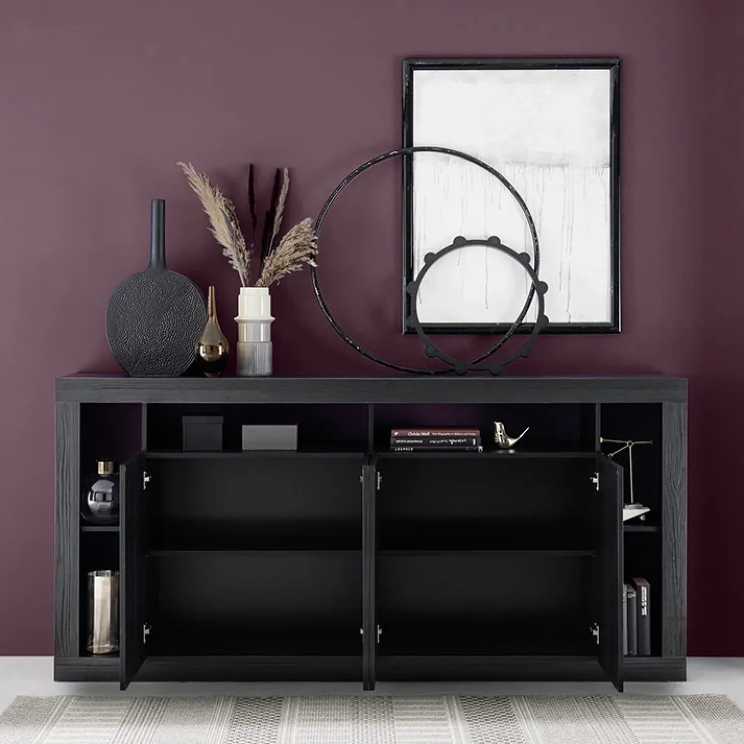 Garnero Arredamenti Madia 210x102h cm 4 ante moderna soggiorno Trilogy Nero Frassinato Best