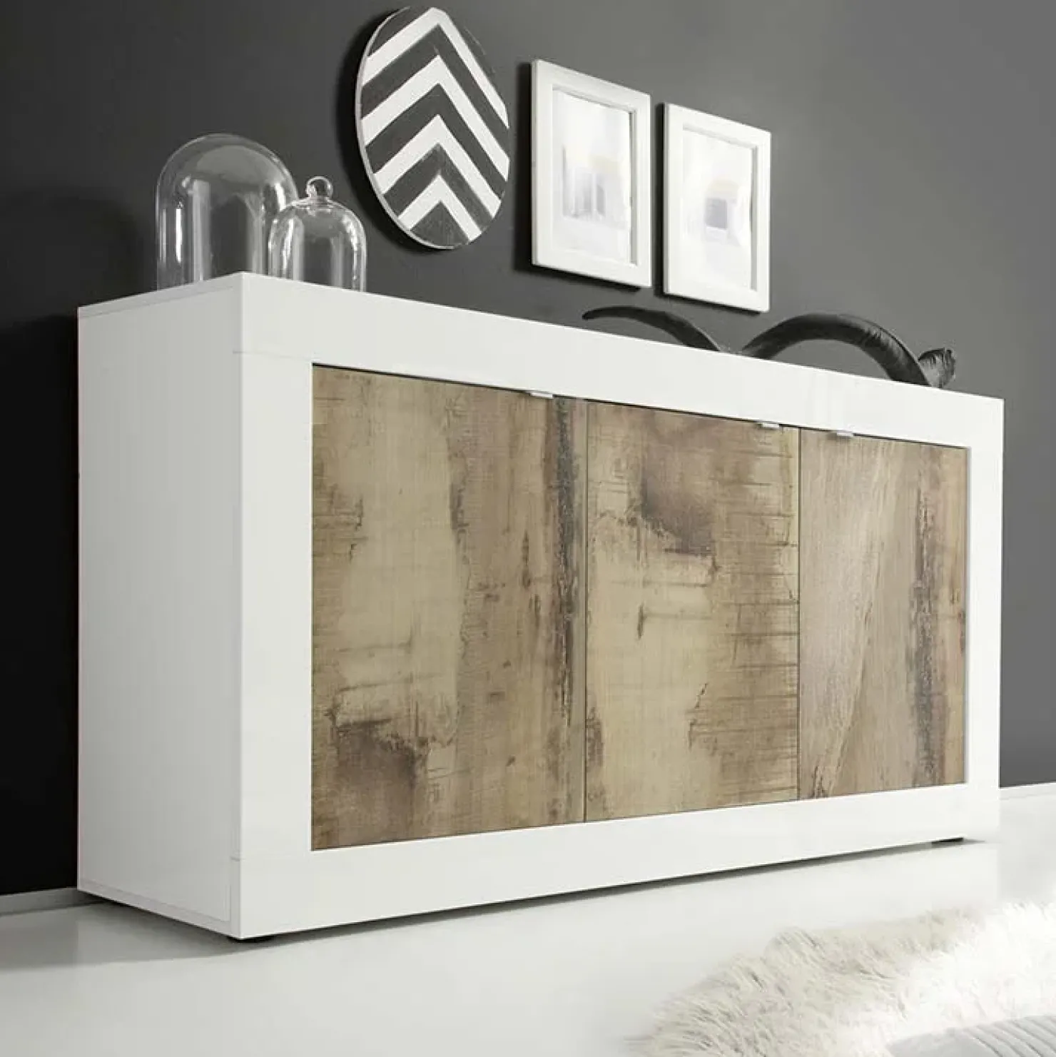 Garnero Arredamenti Madia 160x86h cm 3 ante moderna bianco lucido pero Eternity Rovere - Bianco Lucido Sale