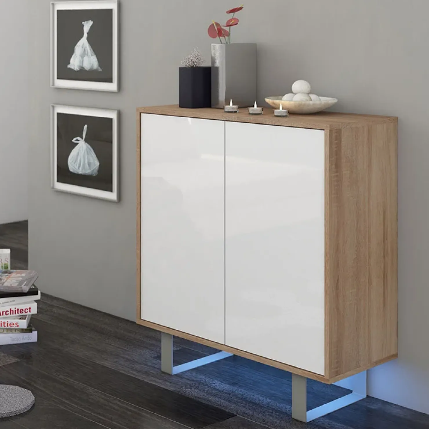 Garnero Arredamenti Madia 80x90h cm 2 ante moderna rovere bianco lucido Kelli Gihome® Bianco Lucido - Rovere Outlet