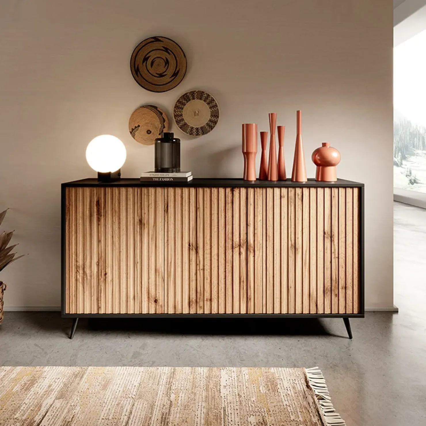 Garnero Arredamenti Madia 154x78h cm 3 ante moderna rovere cannettato nero Celestia Rovere Rustico - Nero opaco Best