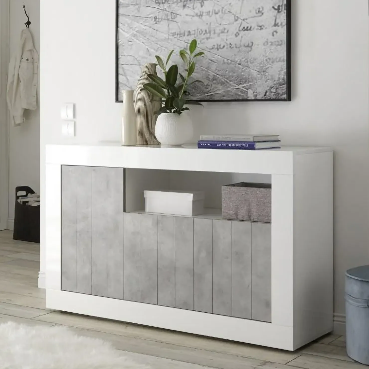 Garnero Arredamenti Madia 138x86h cm 3 ante moderna bianco lucido cemento Florena Bianco Lucido - Cemento Online