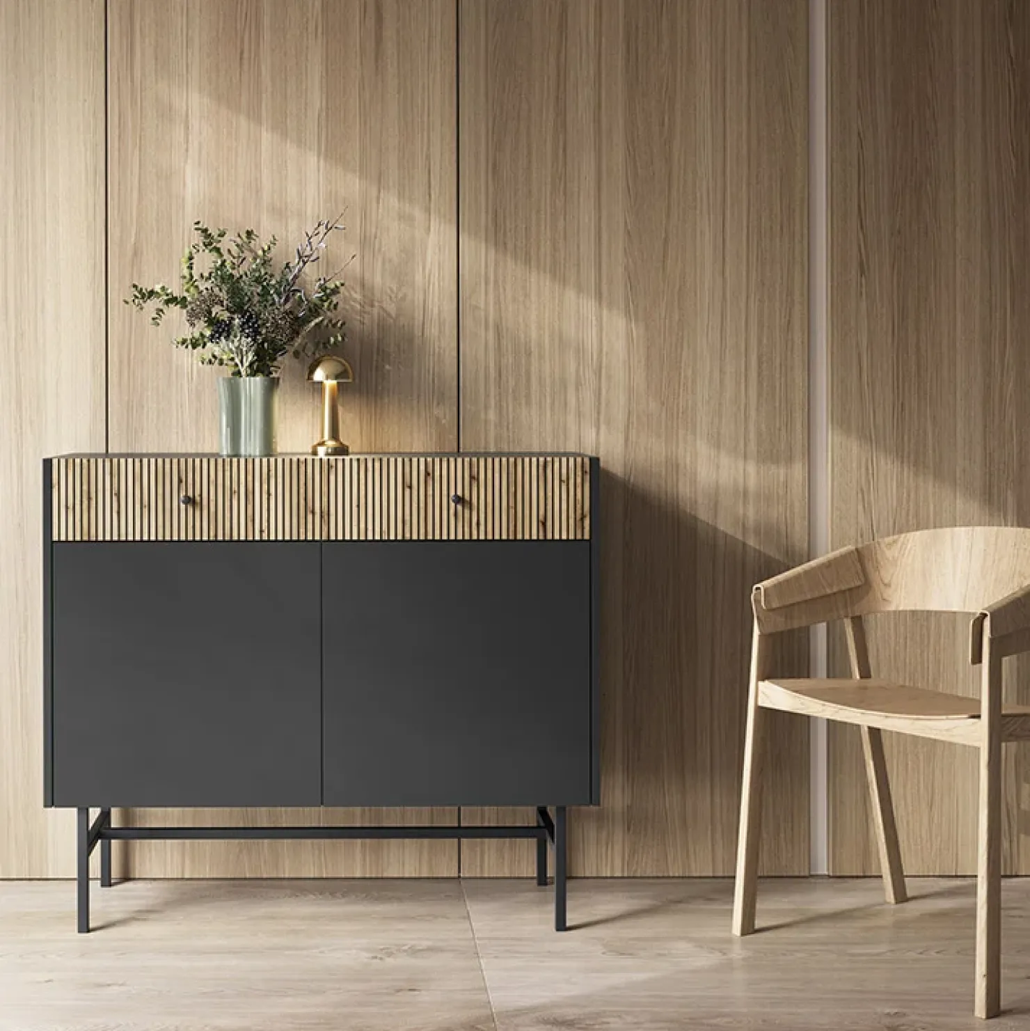 Garnero Arredamenti Madia 105x90h cm 2 ante moderna nero rovere cannettato Eterna Nero Opaco - Rovere Rustico Outlet