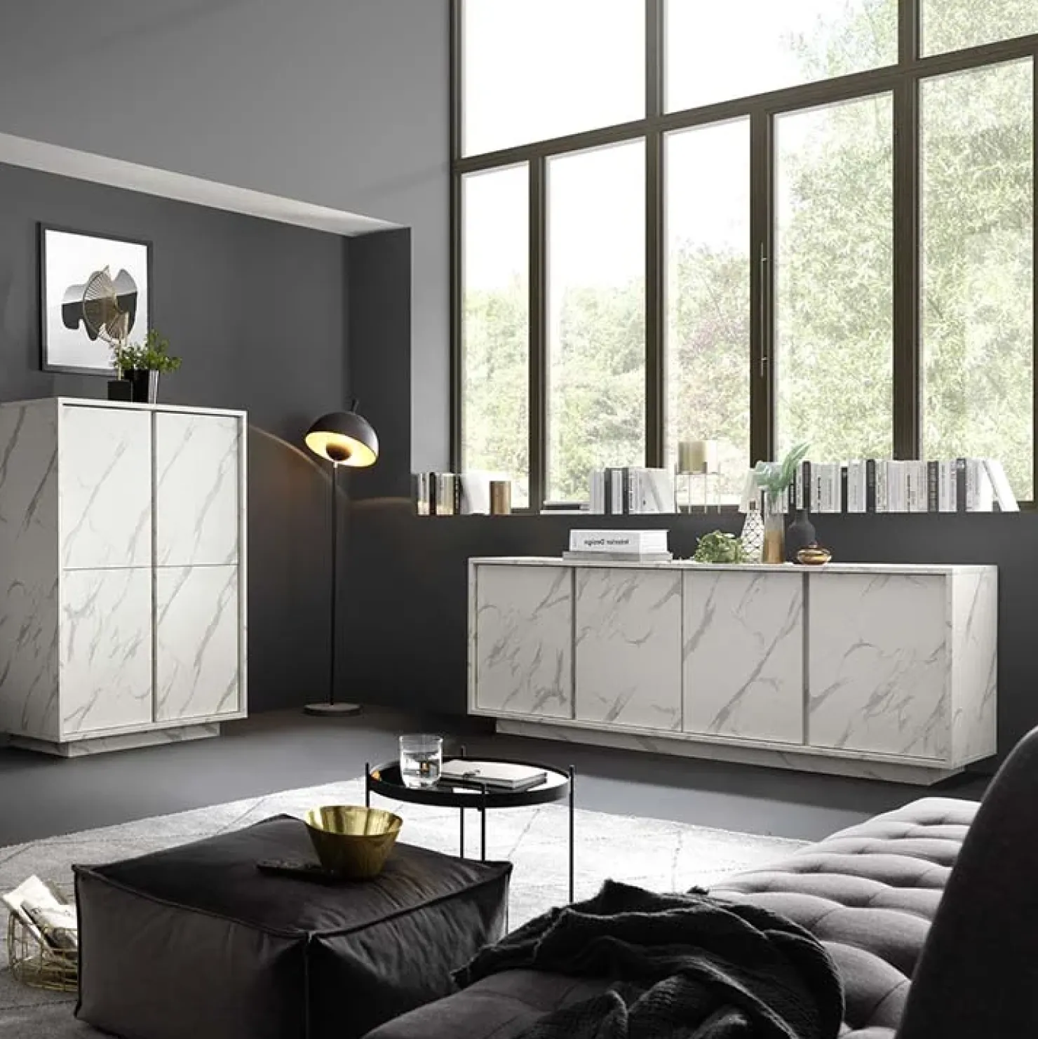 Garnero Arredamenti Madia 180x79h cm 4 ante moderna effetto Viking Marmo bianco New