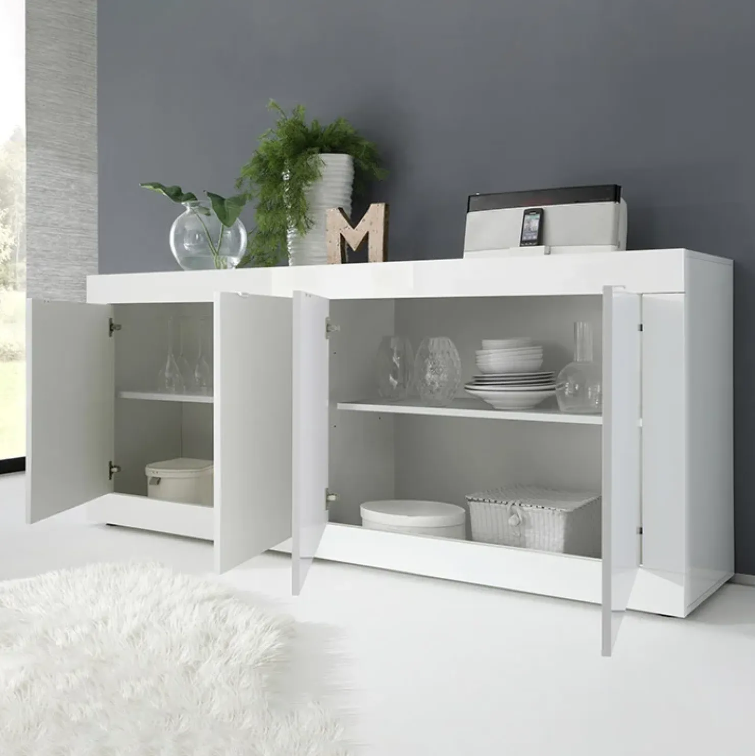 Garnero Arredamenti Madia 207x86h cm 4 ante moderna soggiorno Eternity Bianco Lucido Discount