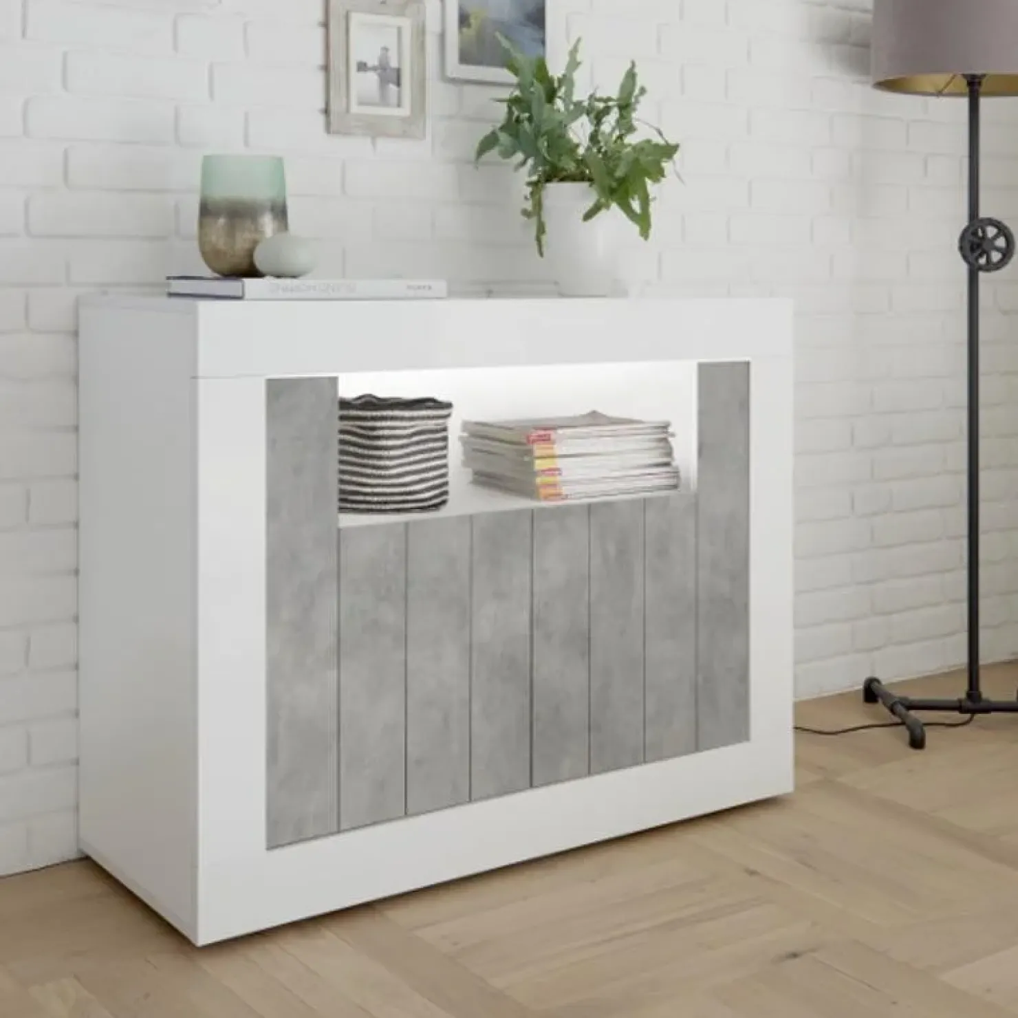 Garnero Arredamenti Madia 110x86h cm 2 ante moderna soggiorno bianco lucido cemento Florena Bianco Lucido - Cemento Hot