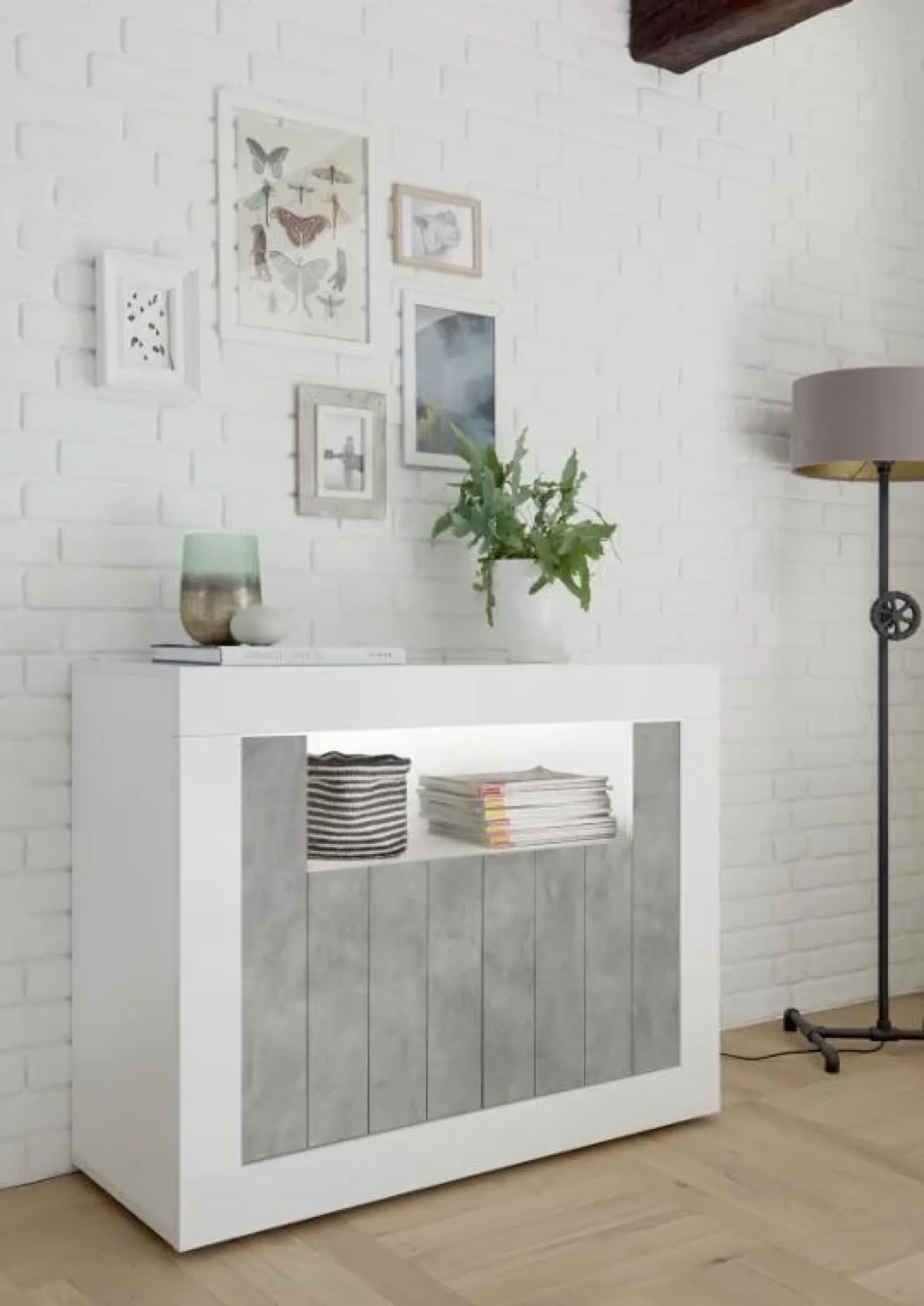 Garnero Arredamenti Madia 110x86h cm 2 ante moderna soggiorno bianco lucido cemento Florena Bianco Lucido - Cemento Hot