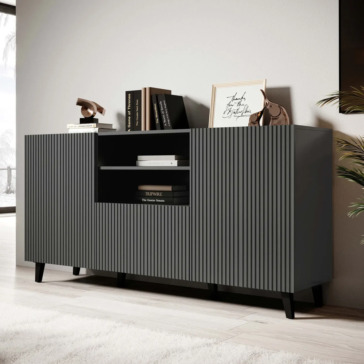 Garnero Arredamenti Madia 151x83h cm 3 ante moderna industrial cannettato Essence Antracite Hot