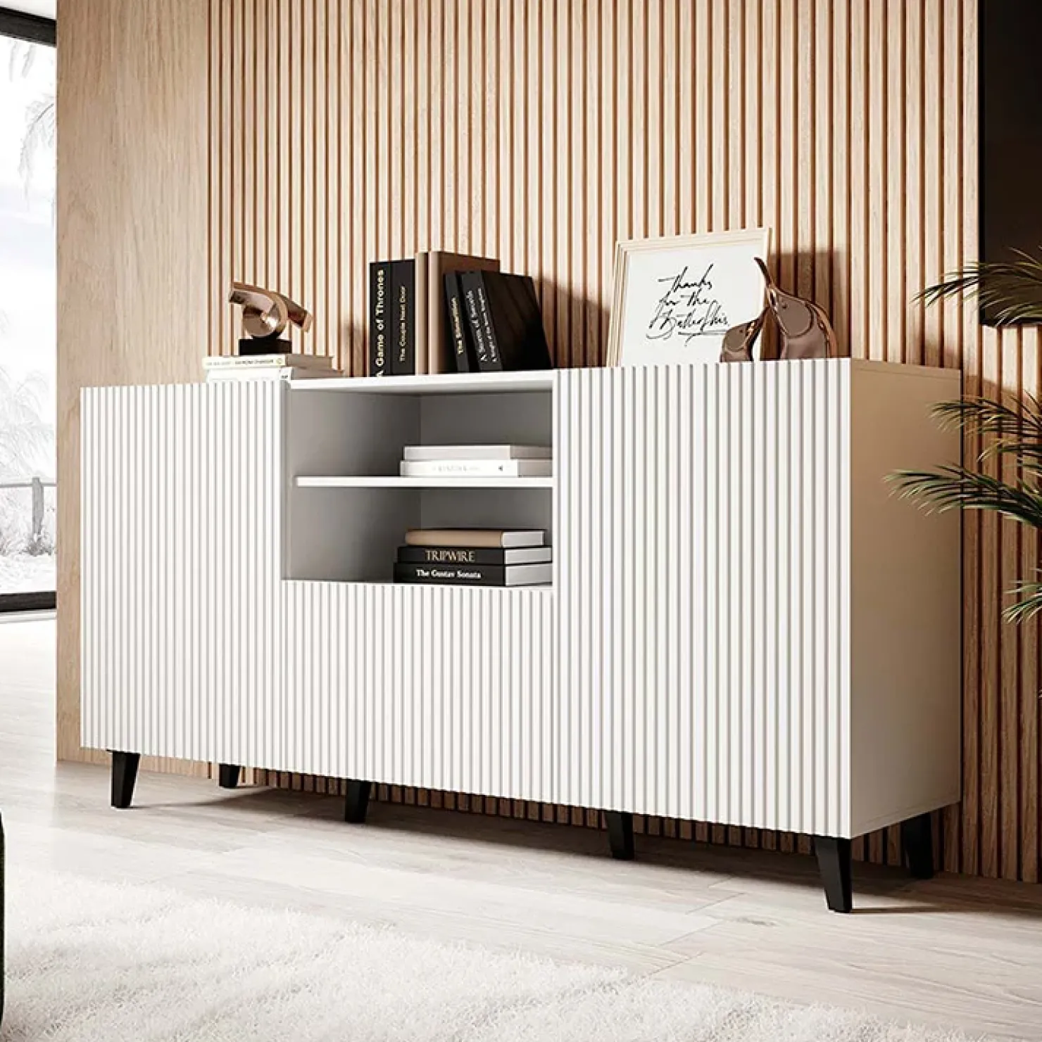 Garnero Arredamenti Madia 151x83h cm 3 ante moderna industrial cannettato bianco Essence Bianco Opaco Best