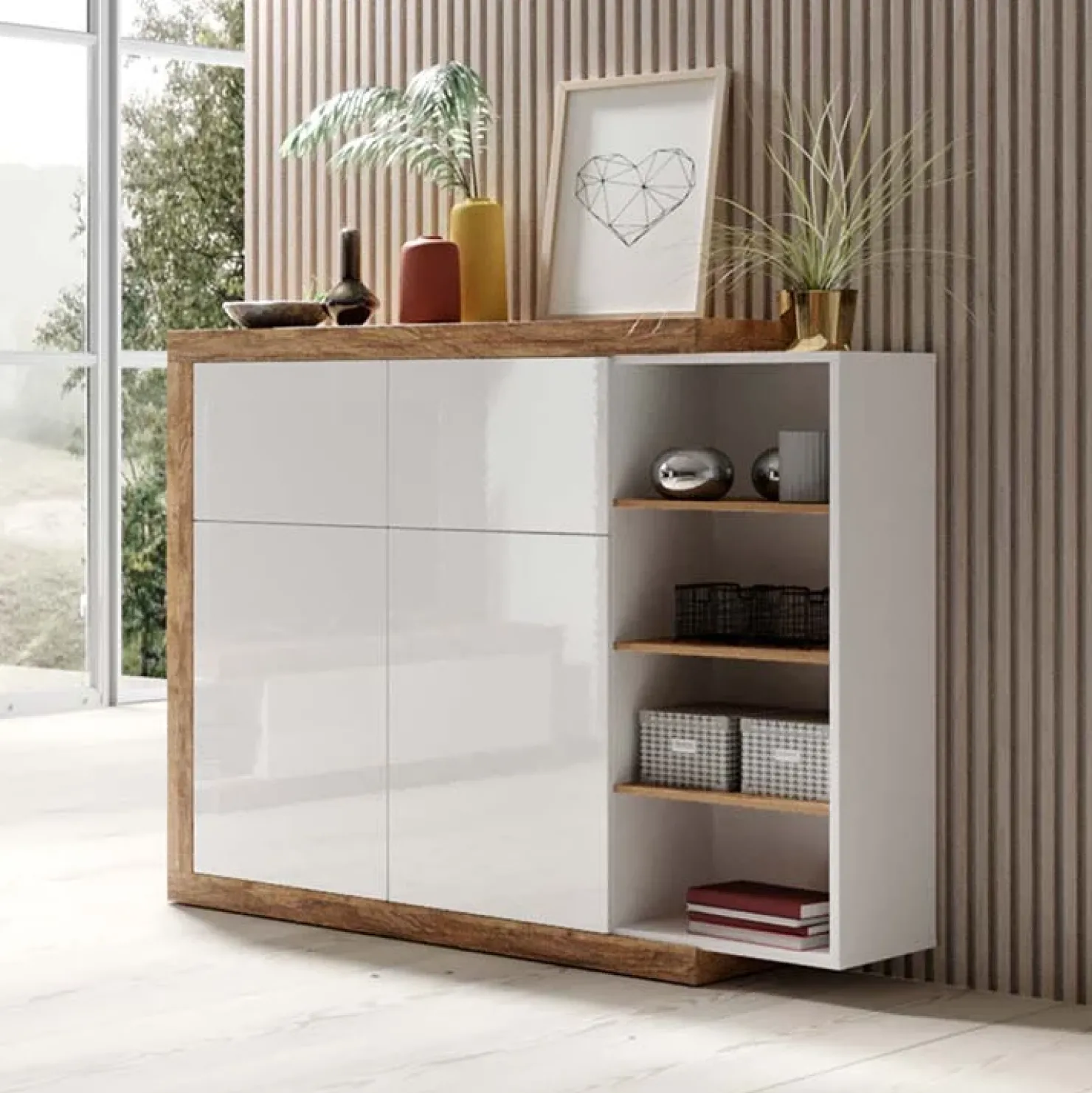 Garnero Arredamenti Madia 151x128h cm 4 ante moderna bianco lucido rovere Aria Hot