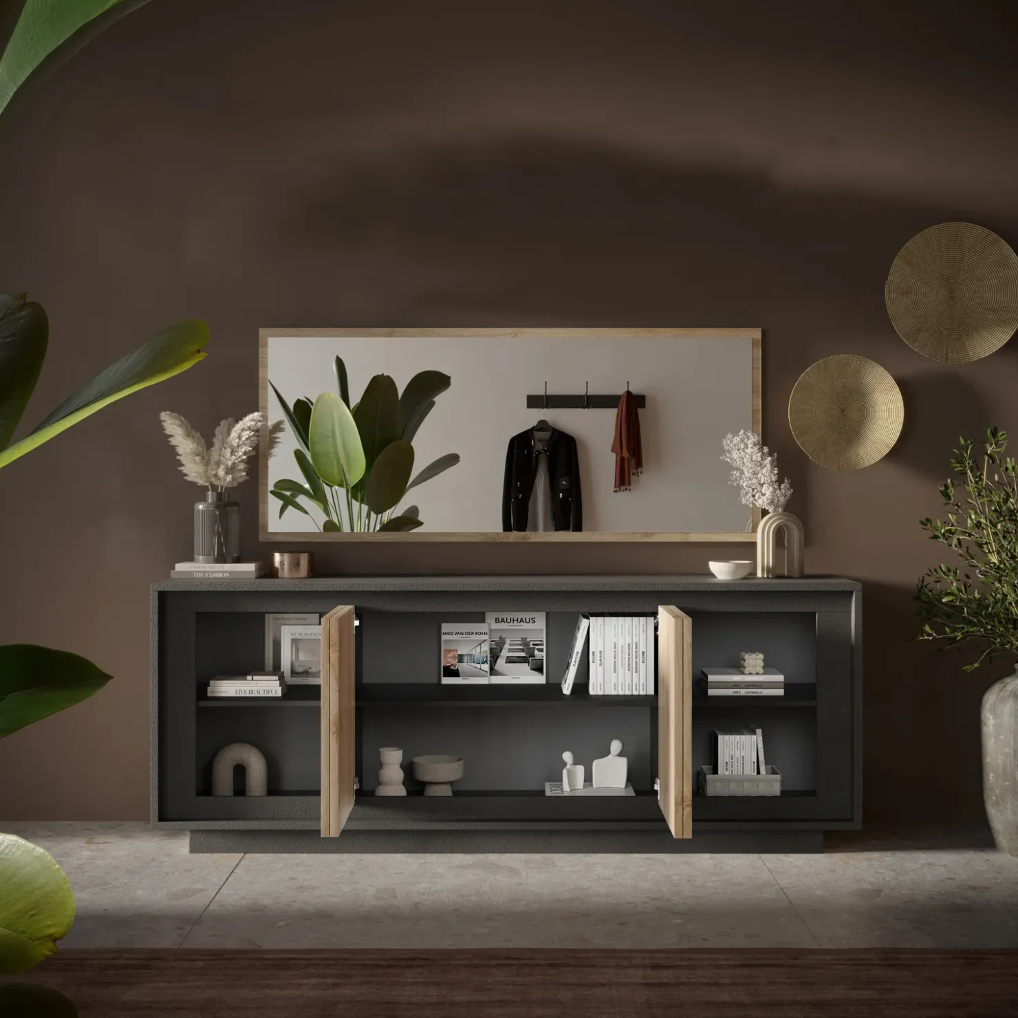 Garnero Arredamenti Madia 207x80h cm 4 ante moderna antracite rovere chiaro Deluxe Antracite - Rovere Best