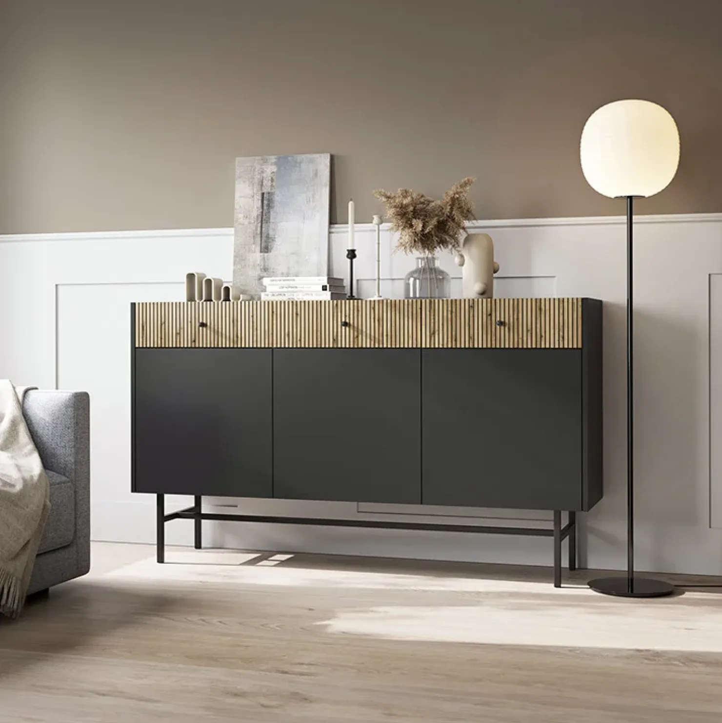 Garnero Arredamenti Madia 155x90h cm 3 ante moderna nero rovere cannettato Eterna Nero Opaco - Rovere Outlet