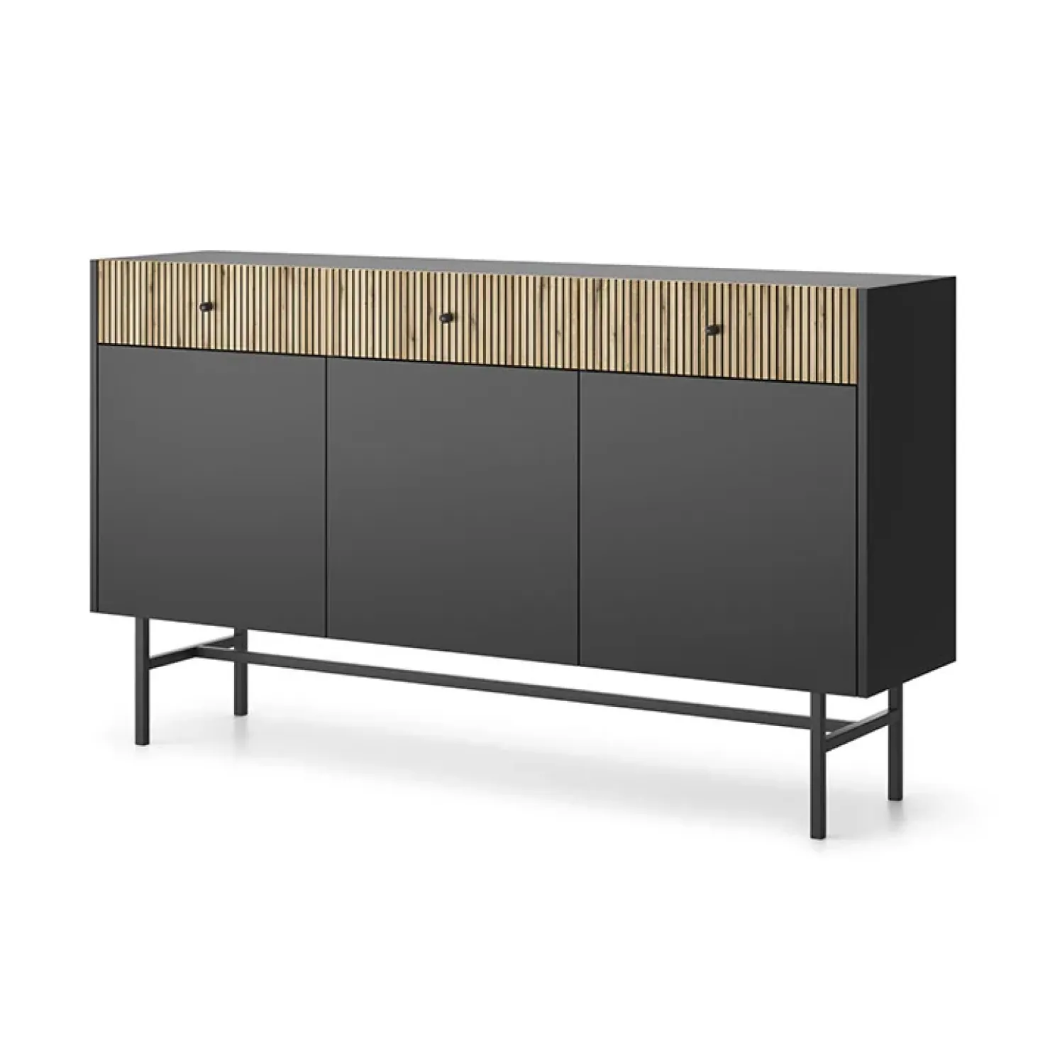 Garnero Arredamenti Madia 155x90h cm 3 ante moderna nero rovere cannettato Eterna Nero Opaco - Rovere Outlet