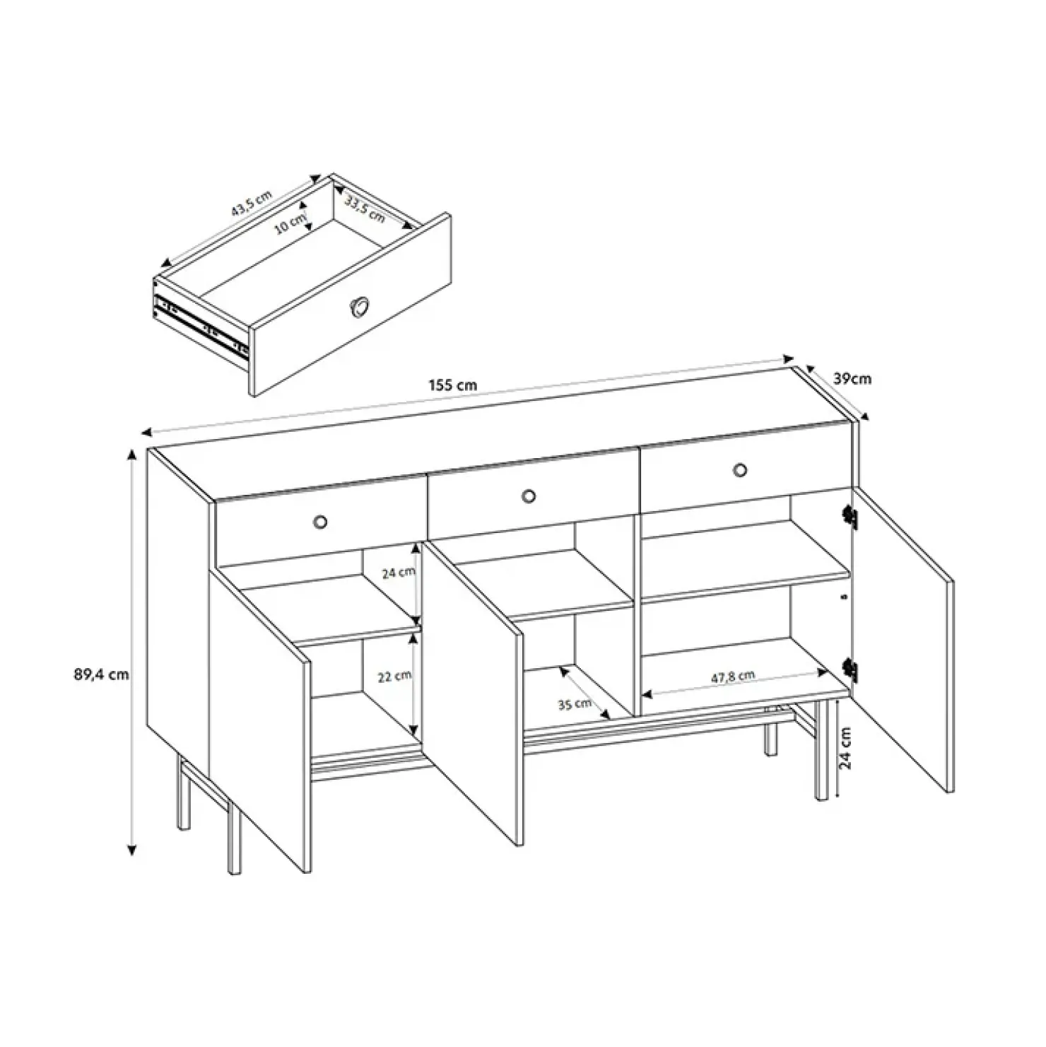 Garnero Arredamenti Madia 155x90h cm 3 ante moderna nero rovere cannettato Eterna Nero Opaco - Rovere Outlet