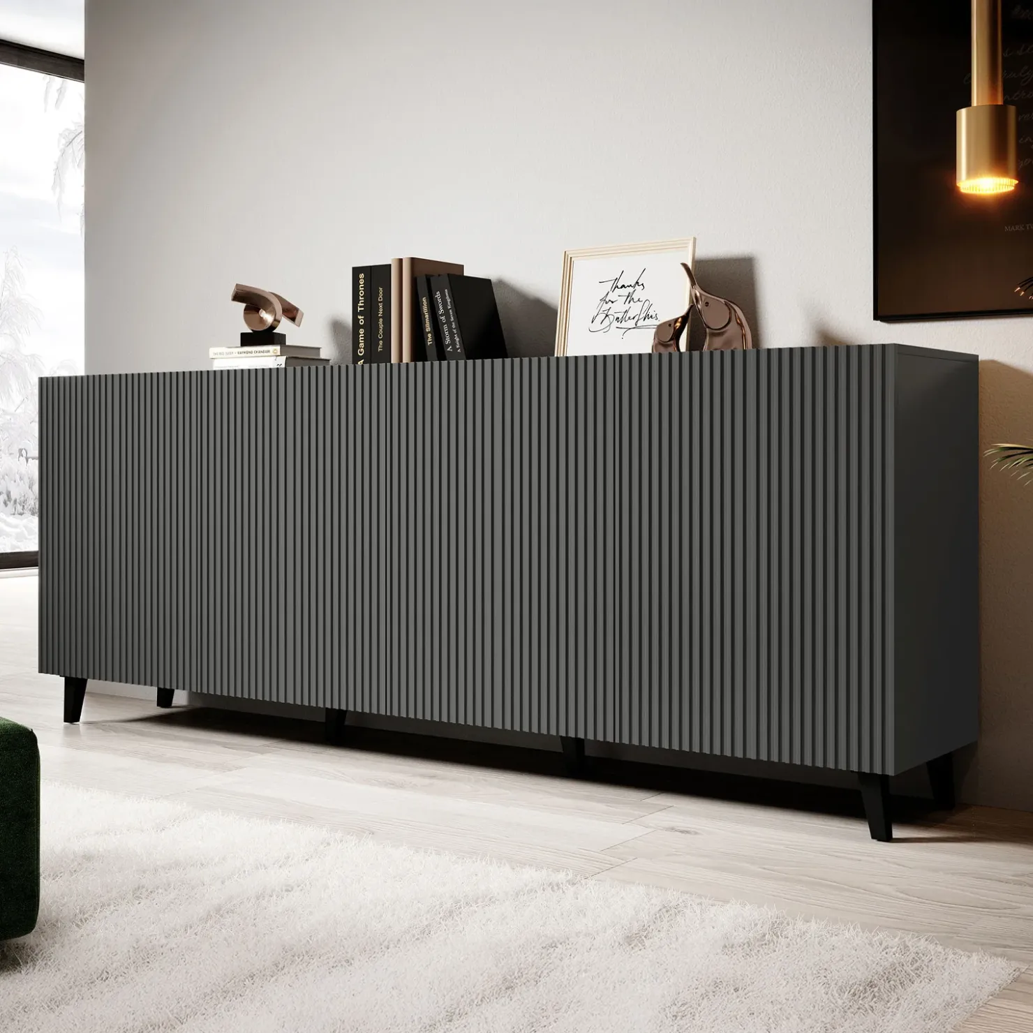 Garnero Arredamenti Madia 201x83h cm 4 ante moderna cannettato Essence Antracite Clearance