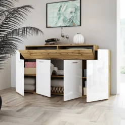 Garnero Arredamenti Madia 200x87h cm 4 ante moderna bianco lucido quercia Shan Online