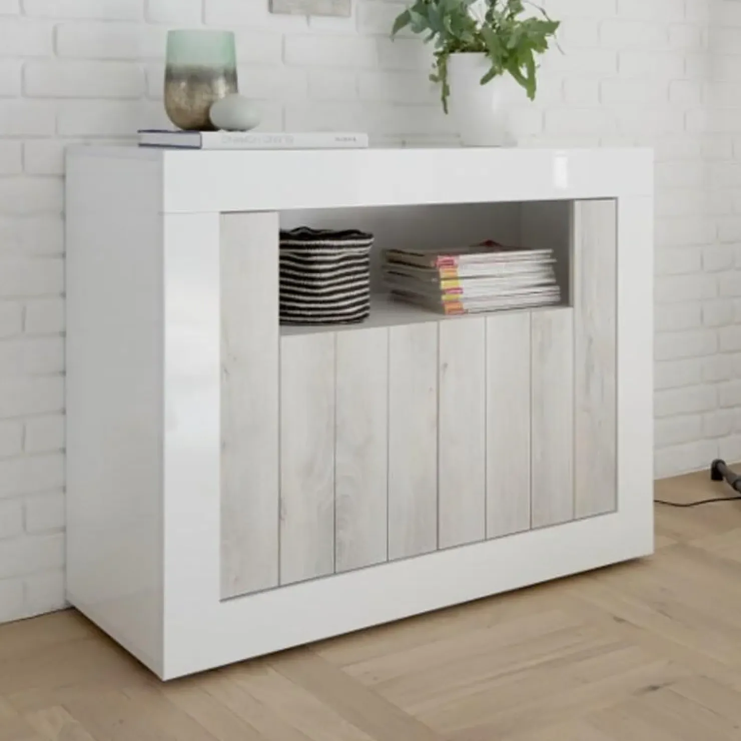 Garnero Arredamenti Madia 110x86h cm 2 ante moderna soggiorno bianco lucido bianco frassinato Florena Bianco Lucido - Bianco Frassinato Outlet