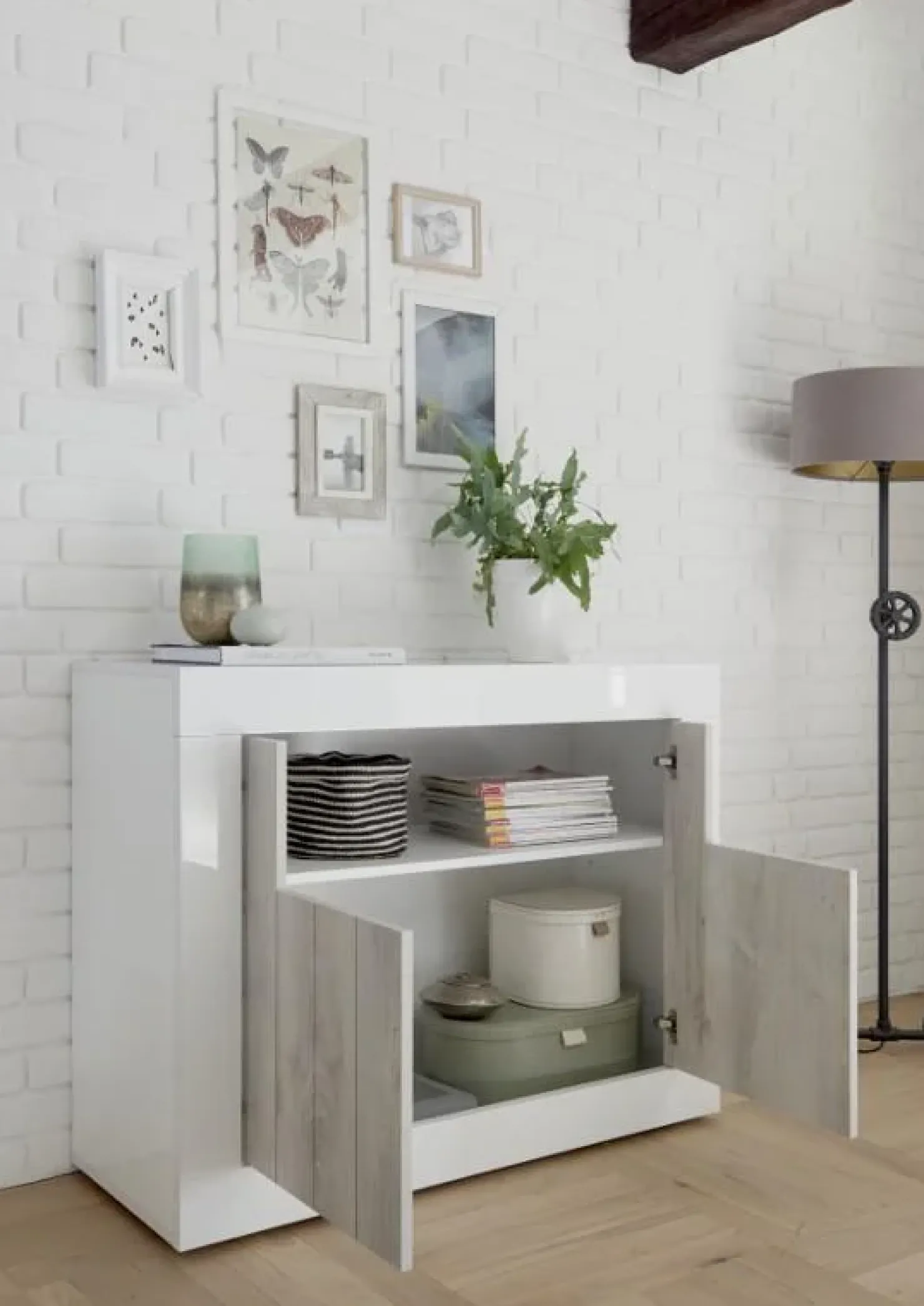 Garnero Arredamenti Madia 110x86h cm 2 ante moderna soggiorno bianco lucido bianco frassinato Florena Bianco Lucido - Bianco Frassinato Outlet