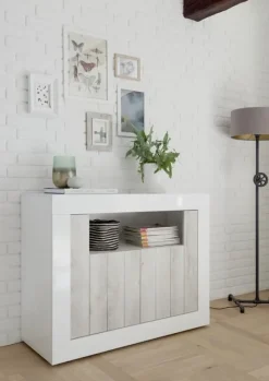 Garnero Arredamenti Madia 110x86h cm 2 ante moderna soggiorno bianco lucido bianco frassinato Florena Bianco Lucido - Bianco Frassinato Outlet
