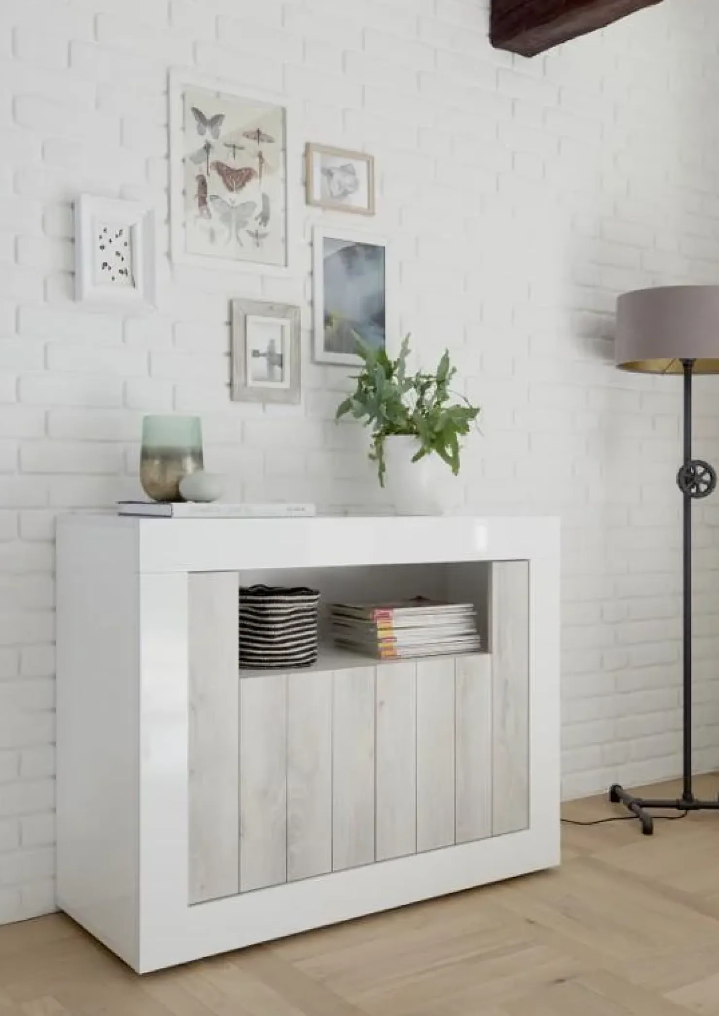 Garnero Arredamenti Madia 110x86h cm 2 ante moderna soggiorno bianco lucido bianco frassinato Florena Bianco Lucido - Bianco Frassinato Outlet