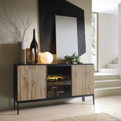 Garnero Arredamenti Madia 153x83h cm 3 ante moderna nero rovere antico cannettato Bali Discount