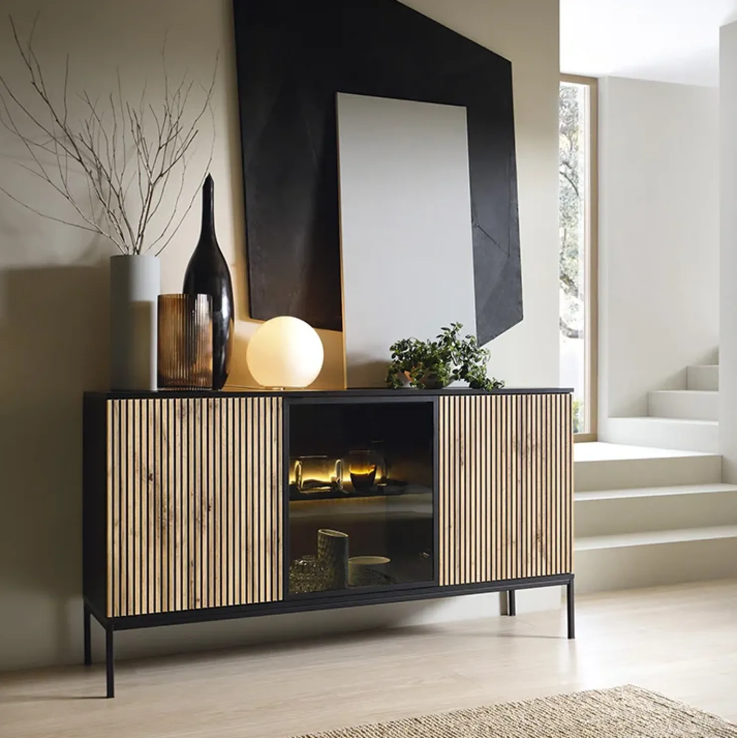 Garnero Arredamenti Madia 153x83h cm 3 ante moderna nero rovere antico cannettato Bali Discount