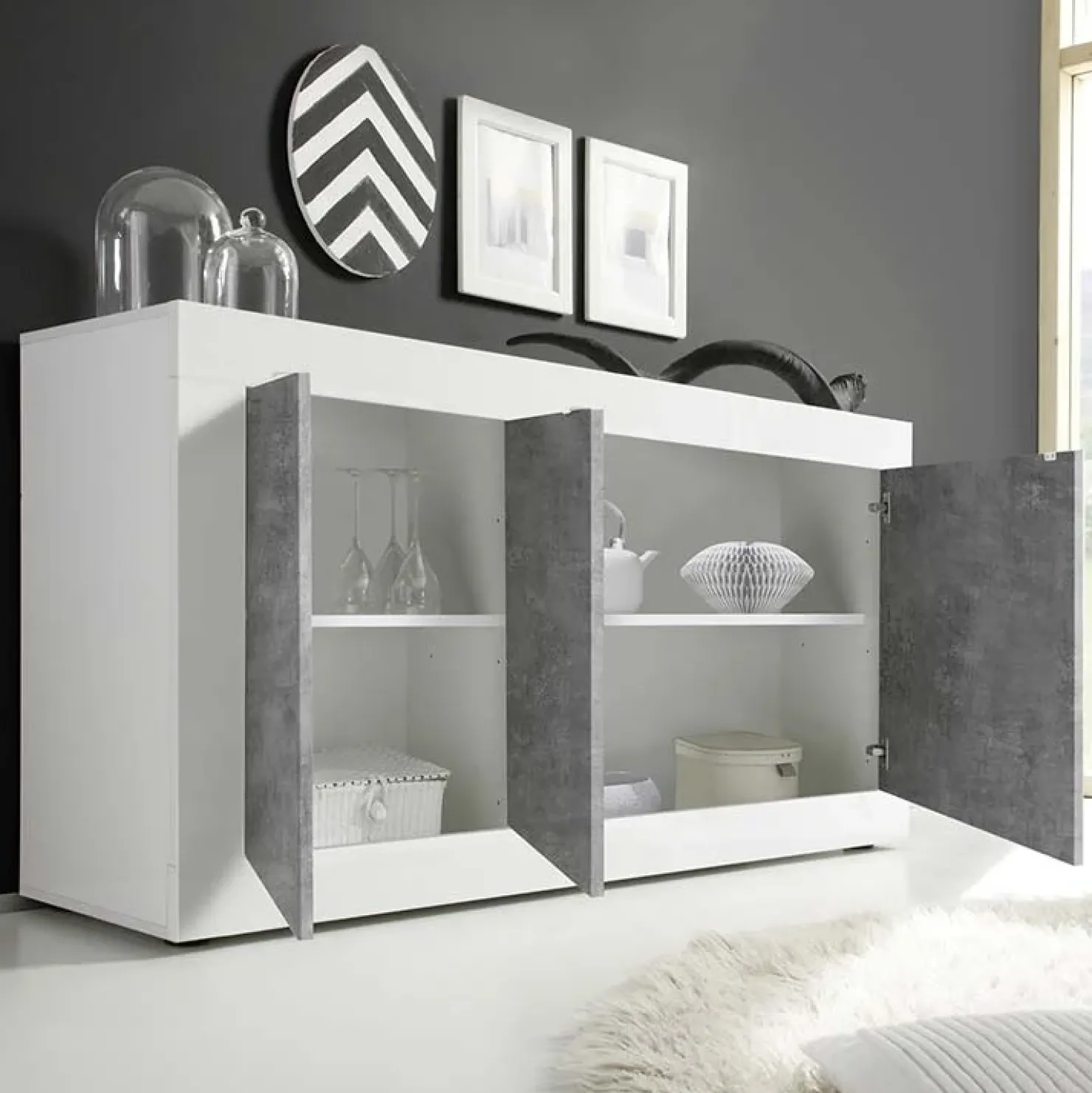 Garnero Arredamenti Madia 160x86h cm 3 ante moderna bianco lucido cemento Eternity Cemento - Bianco Lucido Online