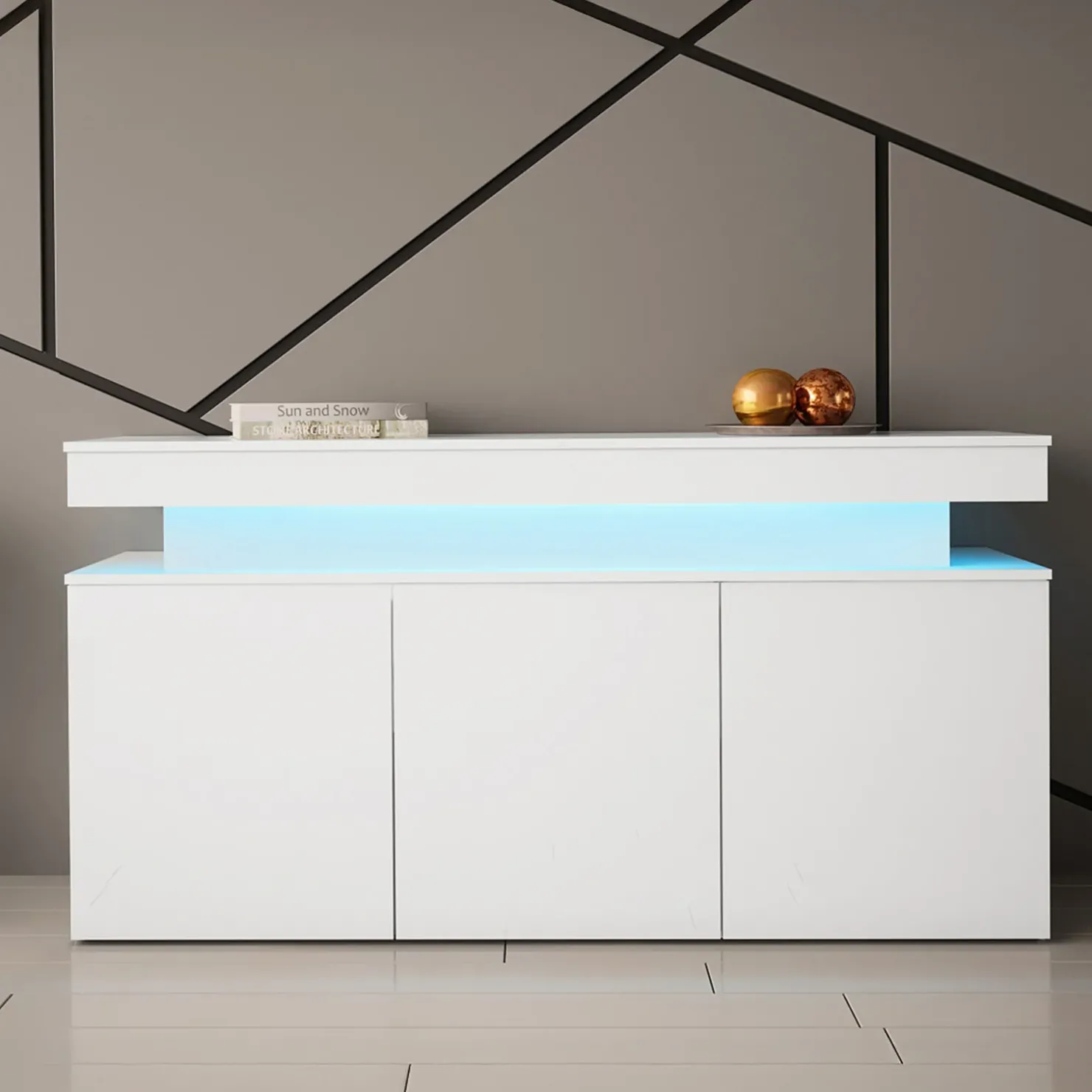 Garnero Arredamenti Madia 160x83h cm 3 ante moderna con led bianco Lumus Bianco Lucido Clearance