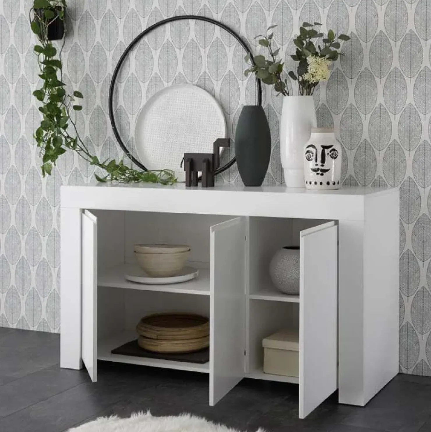 Garnero Arredamenti Madia 138x81h cm 3 ante moderna soggiorno Halston Bianco Opaco