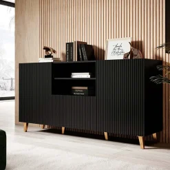 Garnero Arredamenti Madia 151x83h cm 3 ante moderna industrial cannettato nero Essence Nero Opaco New