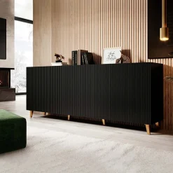 Garnero Arredamenti Madia 201x83h cm 4 ante moderna cannettato nero Essence Nero Opaco Discount