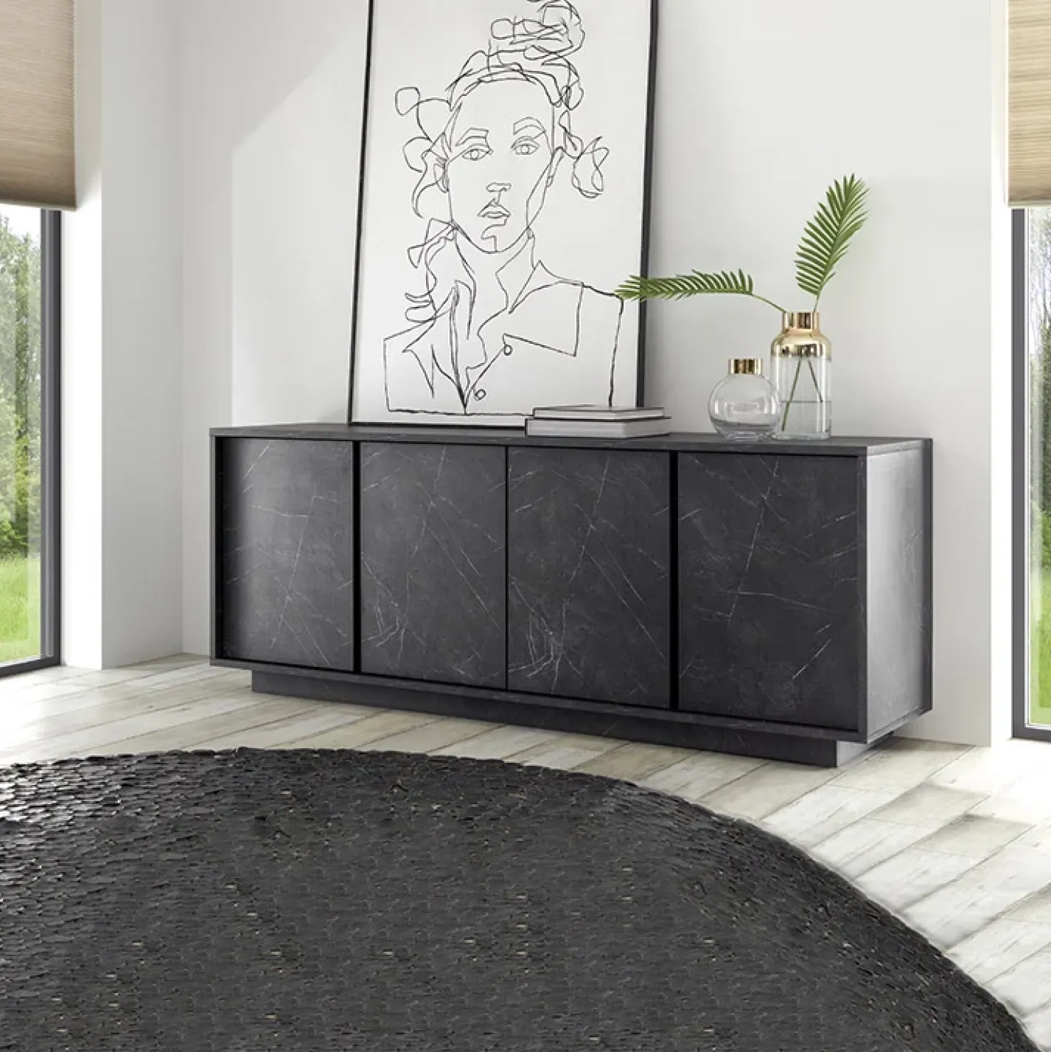 Garnero Arredamenti Madia 180x79h cm 4 ante moderna effetto Viking Marmo Nero Clearance