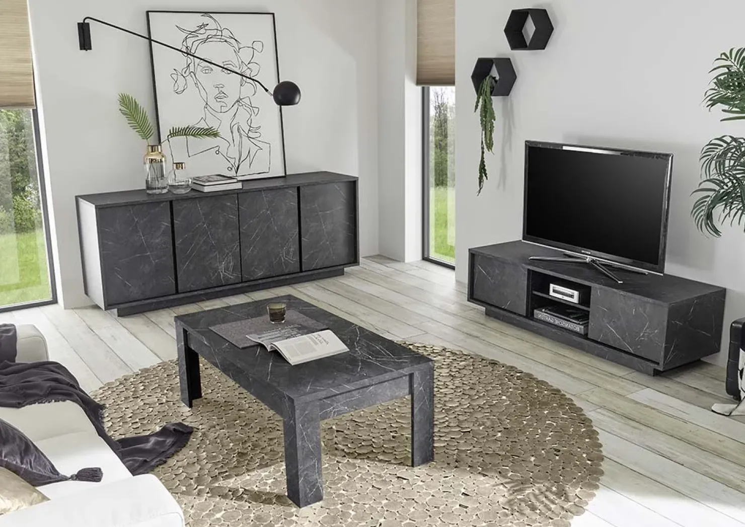 Garnero Arredamenti Madia 180x79h cm 4 ante moderna effetto Viking Marmo Nero Clearance