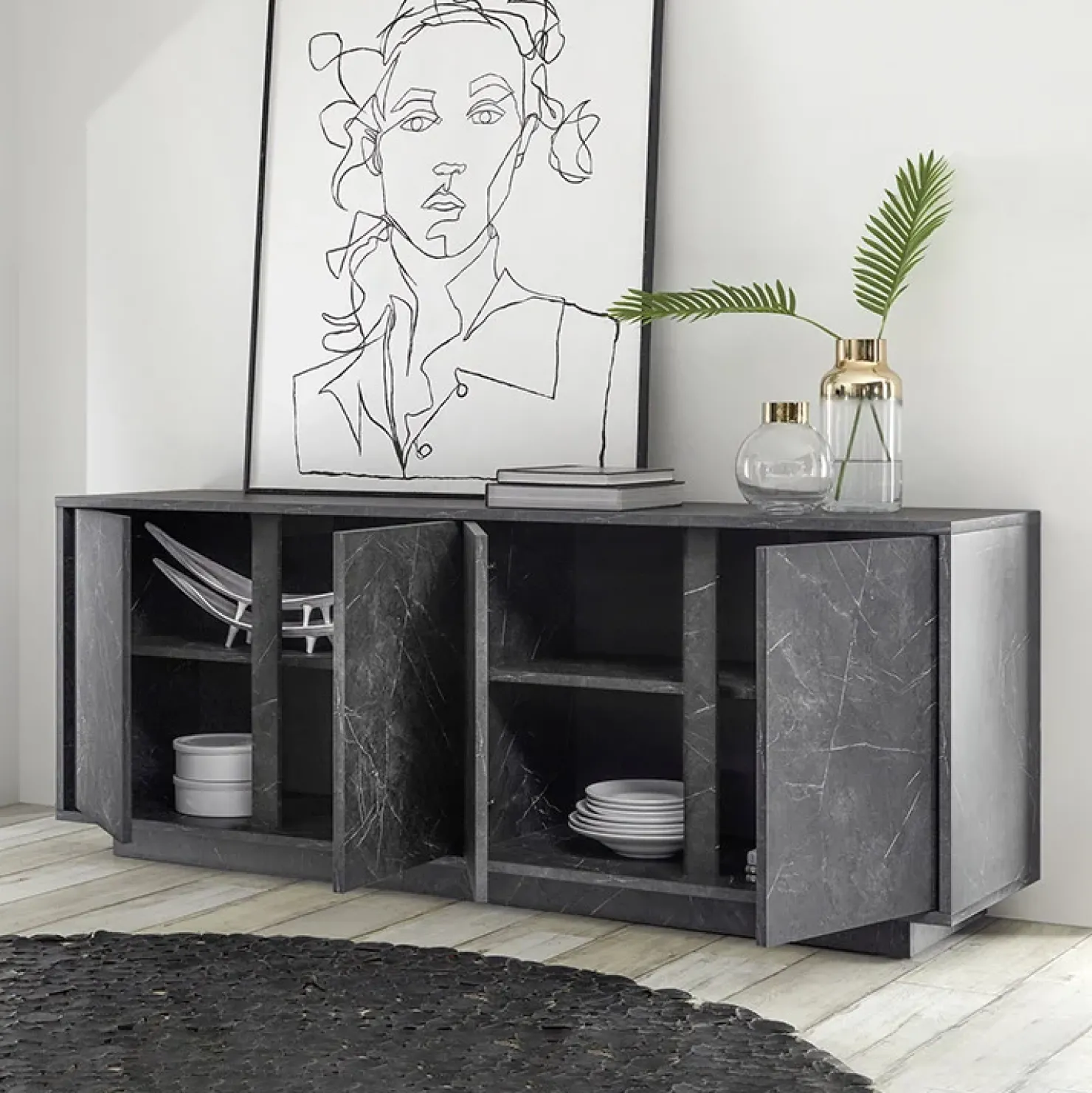 Garnero Arredamenti Madia 180x79h cm 4 ante moderna effetto Viking Marmo Nero Clearance