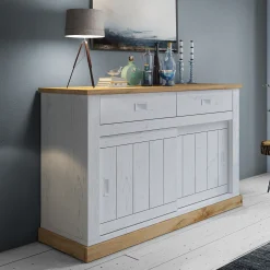 Garnero Arredamenti Madia 150x100h cm 2 ante scorrevoli 2 cassetti soggiorno bianco frassinato rovere Islen Bianco Opaco - Rovere Discount