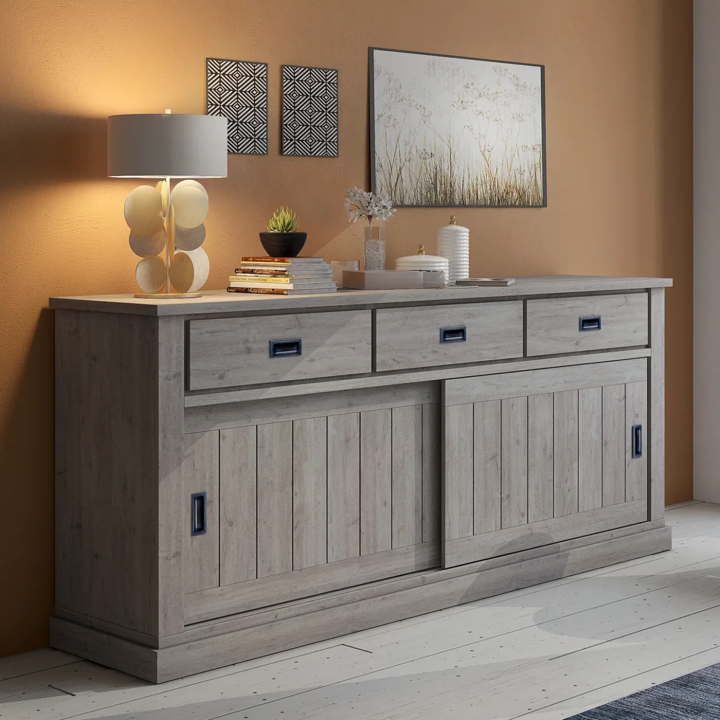 Garnero Arredamenti Madia 215x96h cm 2 ante scorrevoli 3 cassetti soggiorno nero Islen Rovere Grigio Online