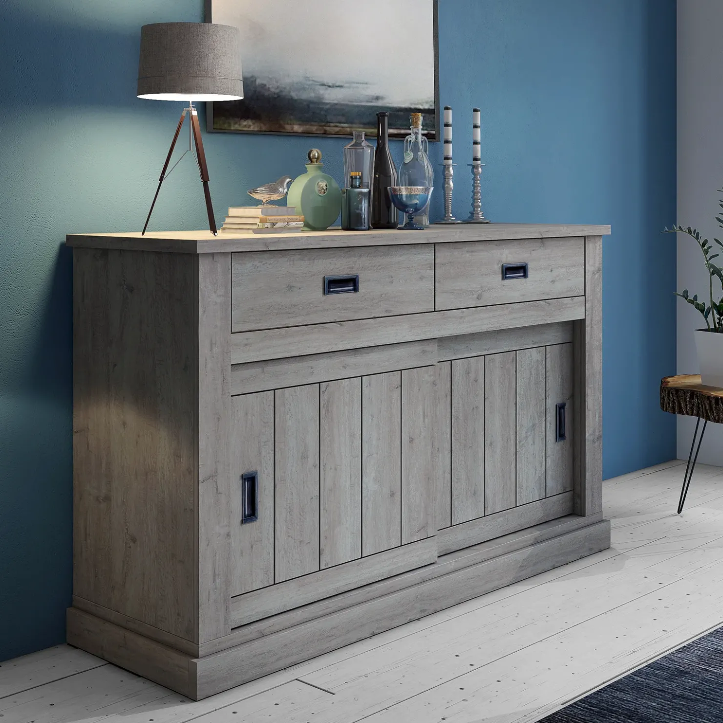 Garnero Arredamenti Madia 150x100h cm 2 ante scorrevoli 2 cassetti soggiorno nero Islen Rovere Grigio Online