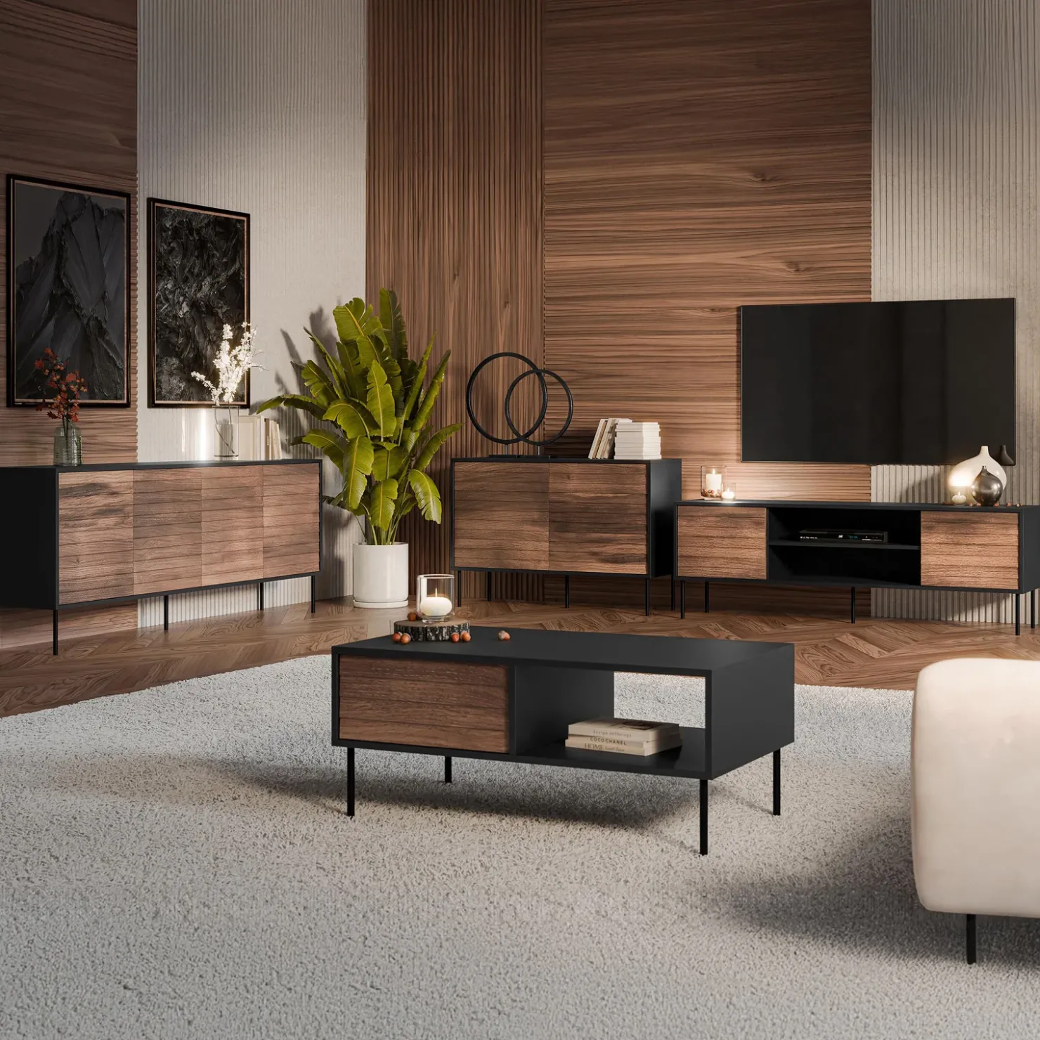 Garnero Arredamenti Madia 200x81h cm 4 ante soggiorno noce nero Wild Noce - Nero opaco New