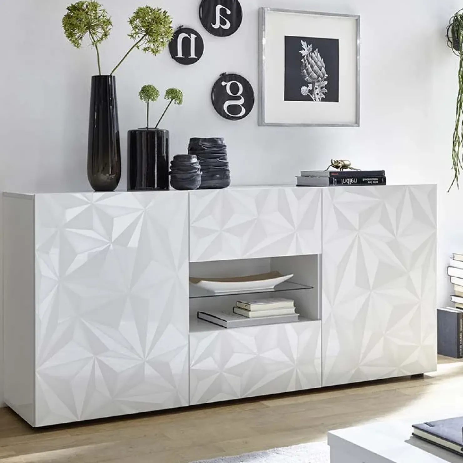 Garnero Arredamenti Madia 181x84h cm 2 ante soggiorno bianco laccato lucido con serigrafia Marvis Bianco Lucido