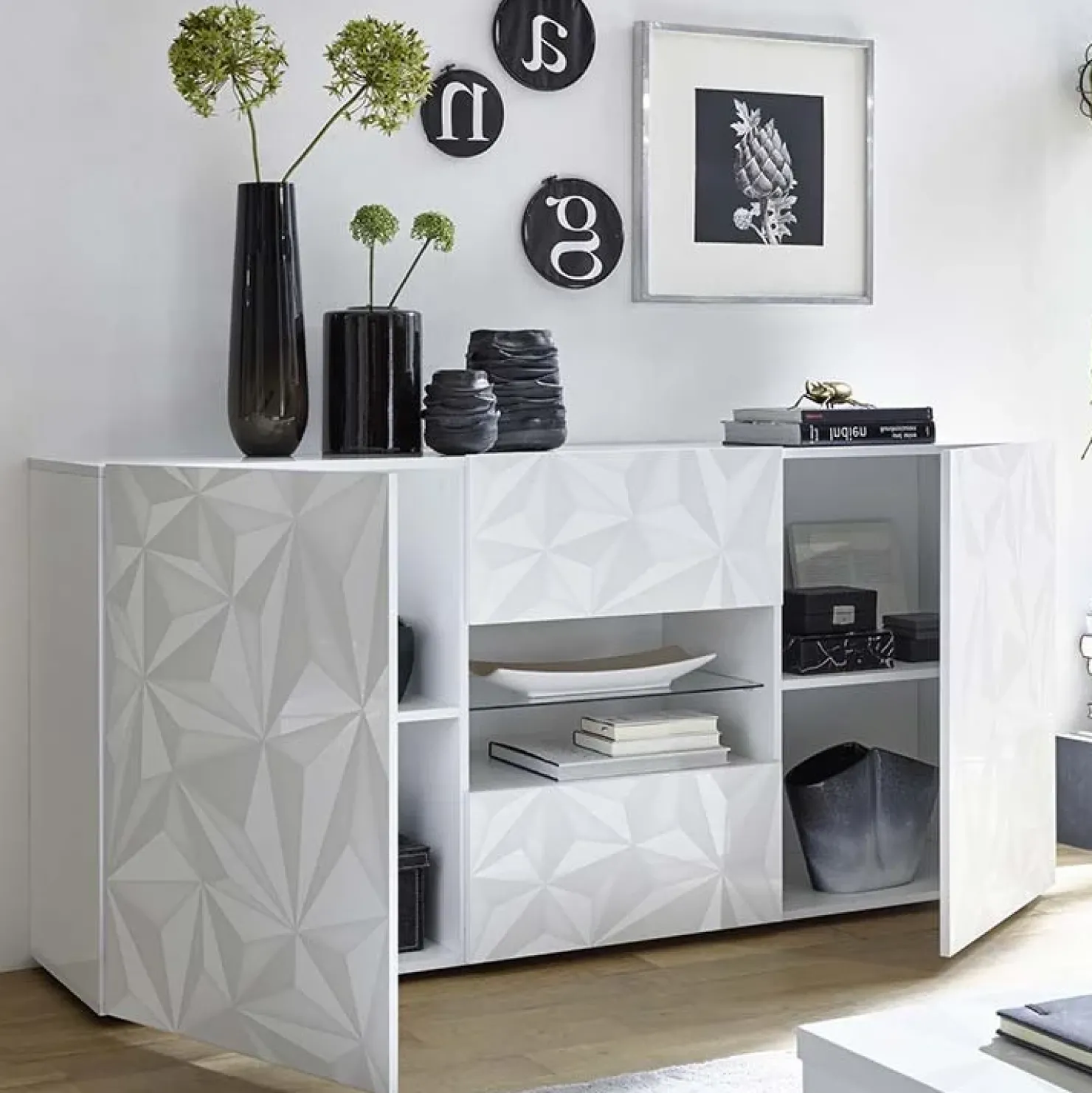 Garnero Arredamenti Madia 181x84h cm 2 ante soggiorno bianco laccato lucido con serigrafia Marvis Bianco Lucido